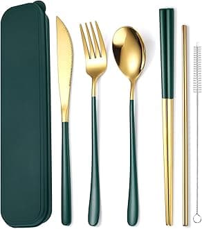 AARAINBOW 6 Pieces 18/8 Stainless Steel Flatware Set Portable Reusable Cutlery Set Travel Utensils Set Including Chopsticks Knife Fork Spoon Straws Cleaning Brush Dishwasher Safe (Green golden)