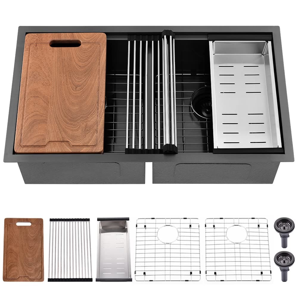 33 Inch Black Double Bowl Undermount Kitchen Sink Workstation-Bokaiya 33x19 Kitchen Sink Undermount 50/50 Double Bowl Sink 16 Gauge Black Stainless Steel Double Basin with Cutting Board
