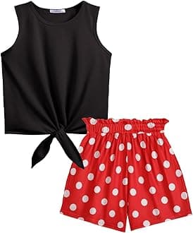 Arshiner Girl's 2 Piece Outfits Tie Knot Tank Top and Paperbag Waist Pocketed Summer Short Sets