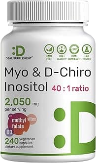 Myo-Inositol & D-Chiro Inositol Supplement (40:1) 2,050mg Per Serving, 240 Veggie Capsules – with Folate, Vitamin D3, & Vitex Complex – Women Health Supplements – Non-GMO