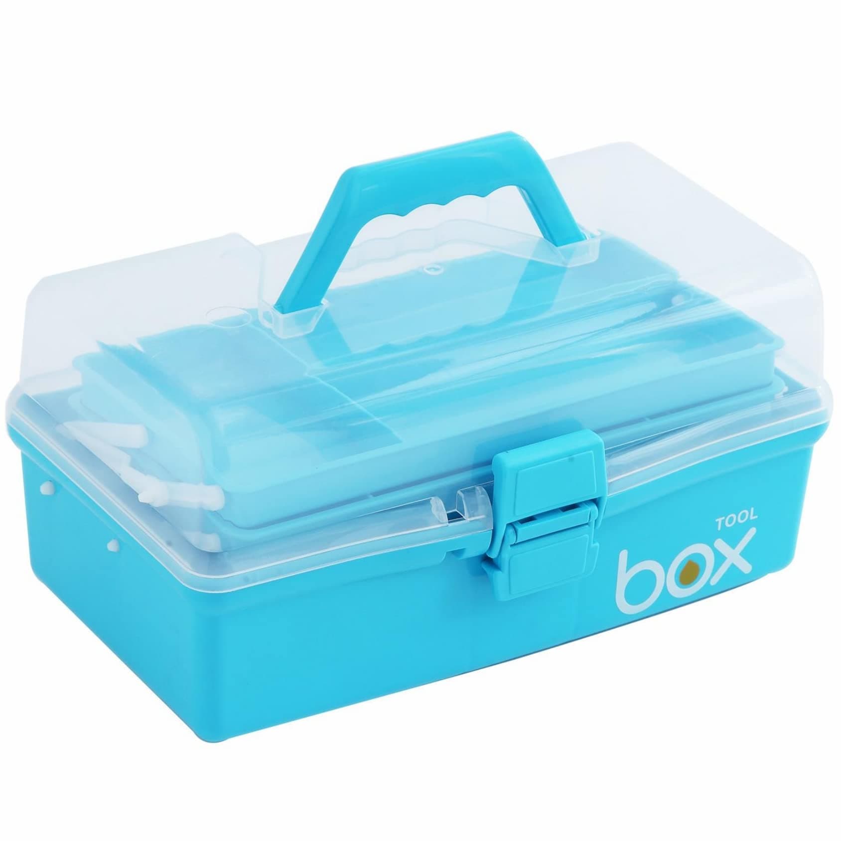 12'' Three-Layer Clear Art Box Organizer, Multipurpose Plastic Craft Box with Handle (Blue)