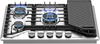 GASLAND 30 Inch Gas Cooktop, PRO GH3305SF 5 Burner Propane Stovetop with Reversible Cast Iron Grill/Griddle, Gas Countertop Plug-in, NG/LPG Convertible Cooktops, Stainless Steel