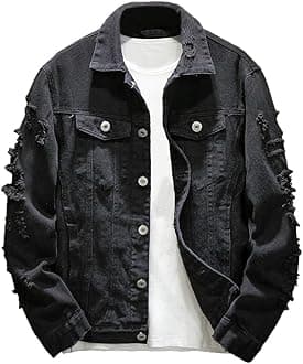 Men's Distressed Denim Jacket Casual Ripped Holes Button Down Trucker Jacket Jean Coat
