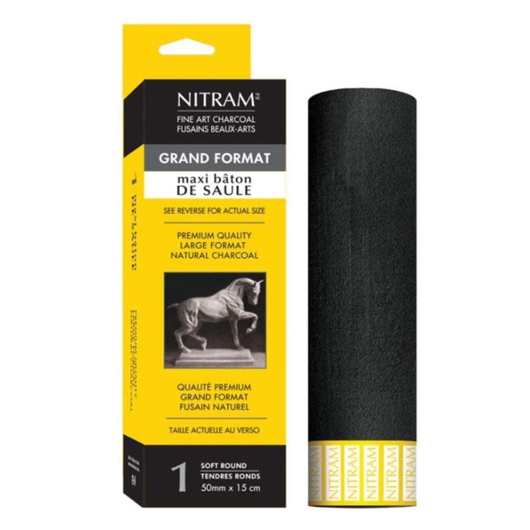 NITRAM Maxi Baton De Saule - Extra Soft - B+ - 1 Extra Soft Natural Charcoal Stick - Round - 50 mm Diameter x 15 cm