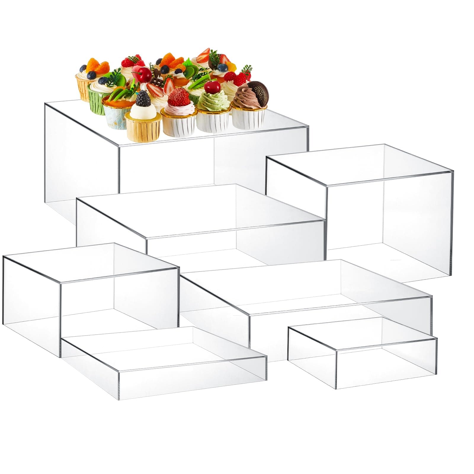 Leinuosen 7 Pcs Buffet Risers Set Acrylic Display Box 6" 7" 8" 9" 10" 11" 12" Food Risers for Buffet Table 5 Sided Display Cube Box with Hollow Bottom Nesting Acrylic Stand for Wedding Party(Clear)
