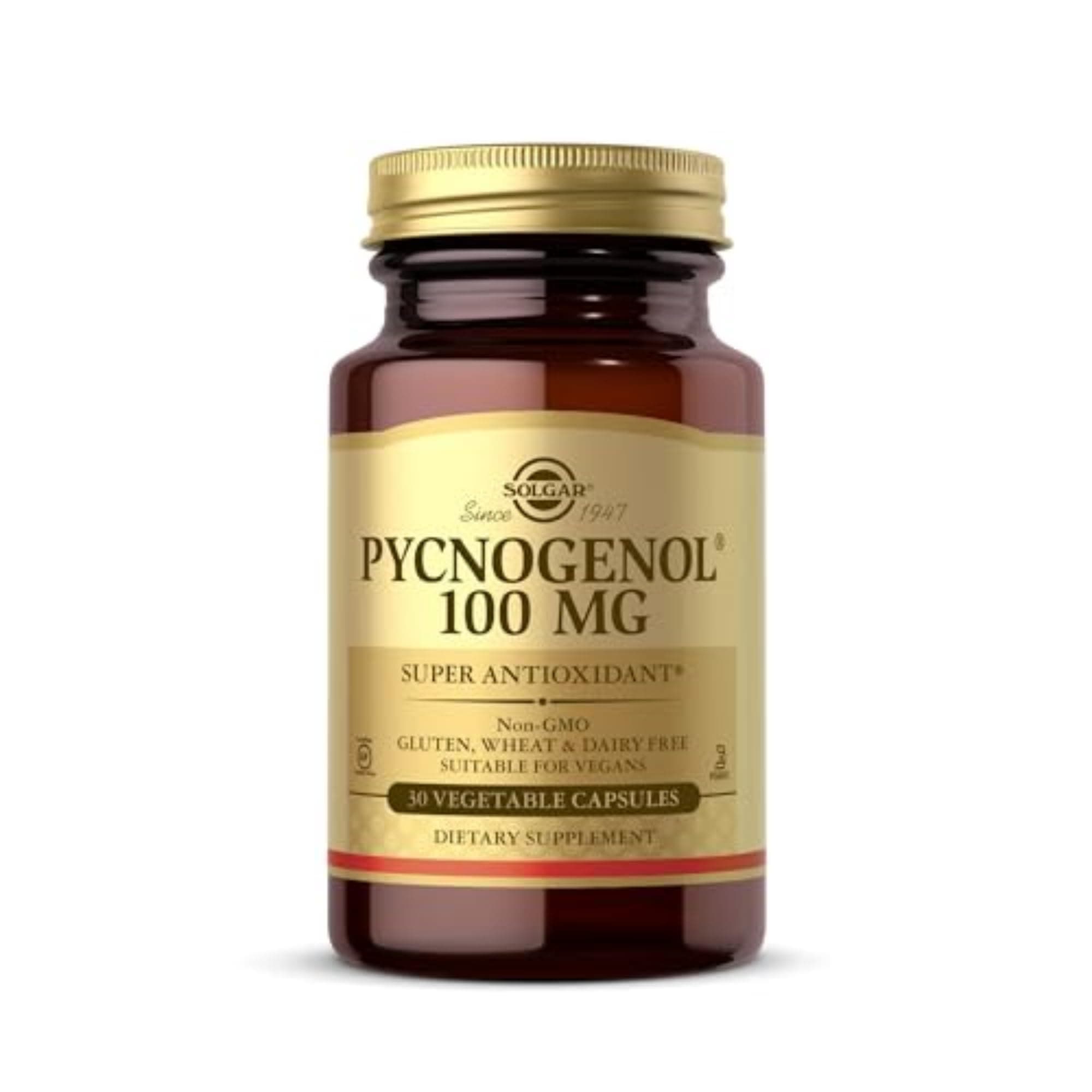 Pycnogenol 100mg - Derived from Pine Bark - Works Combined with Vitamins C & E - Vegan - 30 Vegetable Capsules, Brown