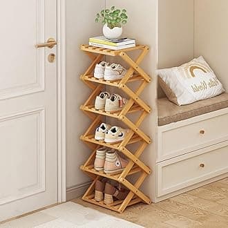 Foldable Shoe Rack, Bamboo Vertical Shoe Organizer Tall for Small Spaces. Multifunctional Narrow Shoe Shelf for Entryway, Closet, Corner, Bedroom, Hallway, Wood Color 6 Layers