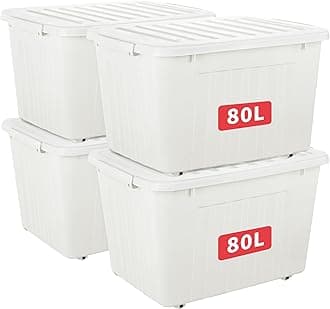 Cetomo80L*4 Plastic Storage Box,White, Tote box,Organizing Container with Durable Lid and Secure Latching Buckles, Stackable and Nestable, 4Pack, with Buckle