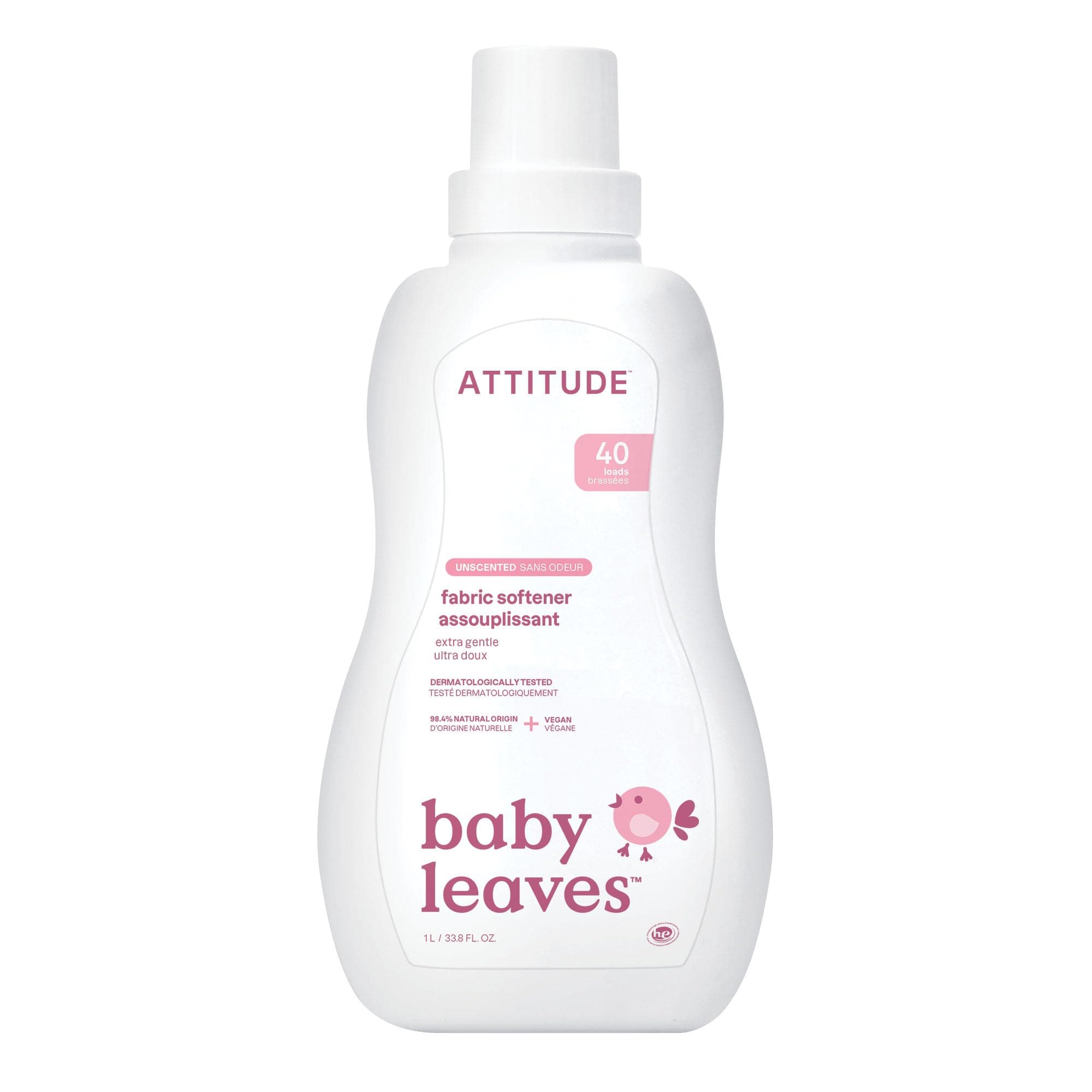 ATTITUDE Baby Fabric Softener Liquid, EWG Verified, Safe for Baby Clothes, Infant and Newborn, Vegan and Naturally Derived Washing Soap, HE Compatible, Unscented, 40 Loads, 1.04 Liter