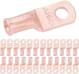 SELTERM 25pcs 8 AWG #10 Stud Battery Lugs, Ring Terminals, Heavy Duty Copper Wire Lugs, Cable Ends, Gauge Ring Terminal Connectors, UL Bare Copper Eyelets Electrical Cable Lugs