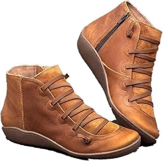 Women's Ankle Boot Flat Heel Lace Up Side Zip Ankle Booties Vintage Retro Round Toe Short Boots Casual Walking Shoes