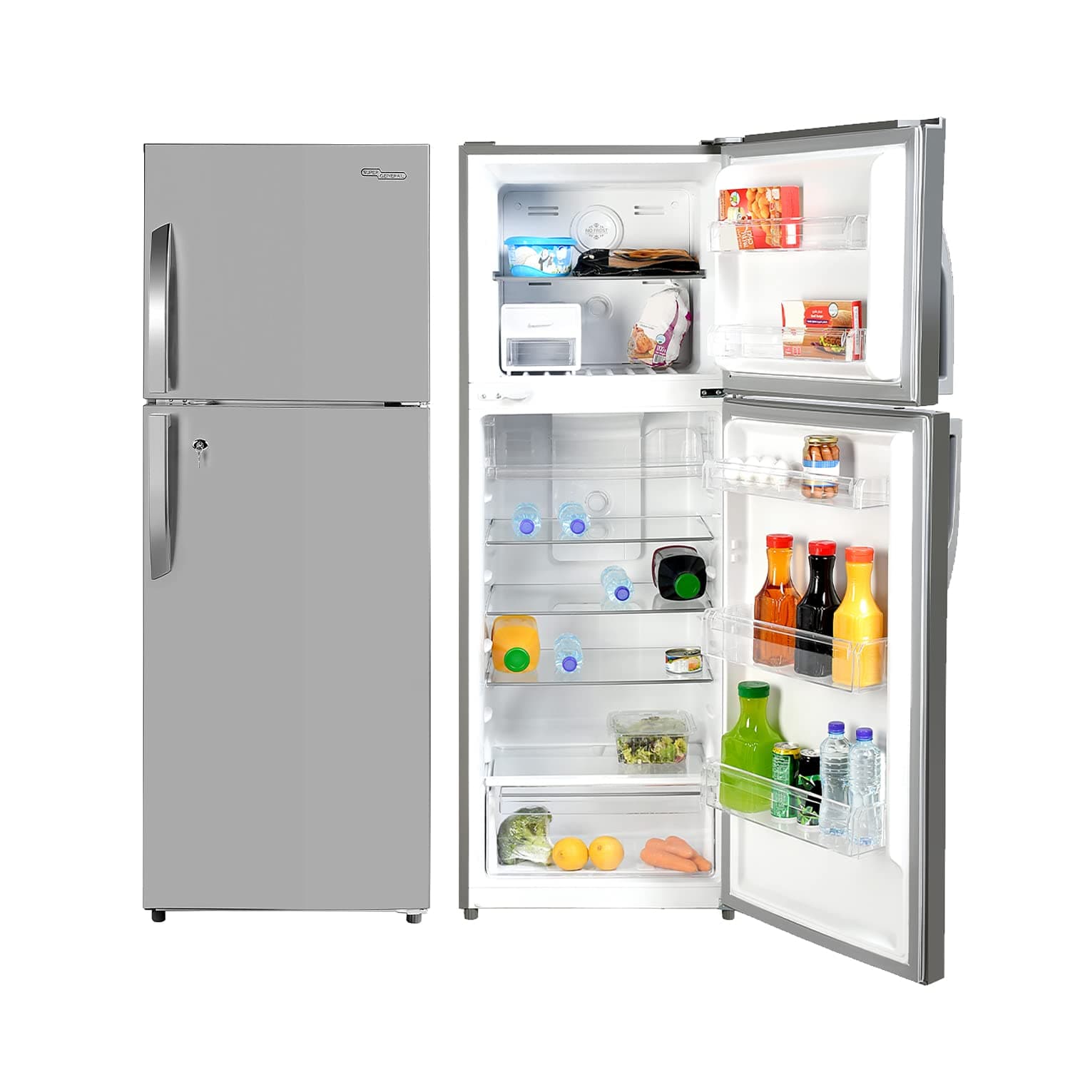 Super General 410 Liters Gross Top Mount Refrigerator SGR410i, LED Lighting, Glass Shelves, No Frost, Quiet Operation, 60W x 66.5D x 170H cm, Silver, 1 Year Warranty