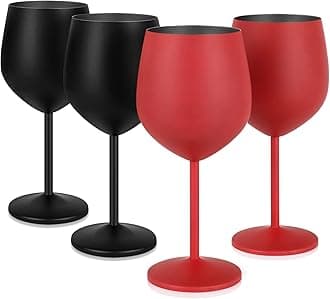 Lifecapido Stainless Steel Wine Glasses Set of 4, 18oz Stainless Steel Wine Goblets, Metal Wine Glasses with Cup Brush for Party Office Wedding Anniversary, Great for Red White Wine, Black and Red