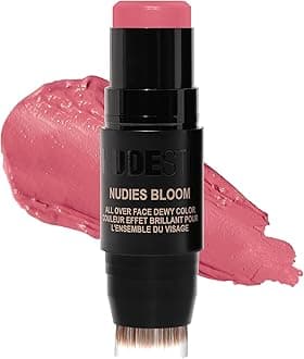 Nudies Bloom All Over Dewy Color – 3-in-1 Cream Blush Stick for Cheeks, Eyes & Lips with Built-In Brush | Sheer, Glossy Finish | Vegan, Long-Wear, Multi-Use Makeup