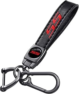 Black SS Car Keychain for Chevy Camaro, Black Leather & Metal Car Key Fob Holder, Red SS Logo Car Keychain Accessories