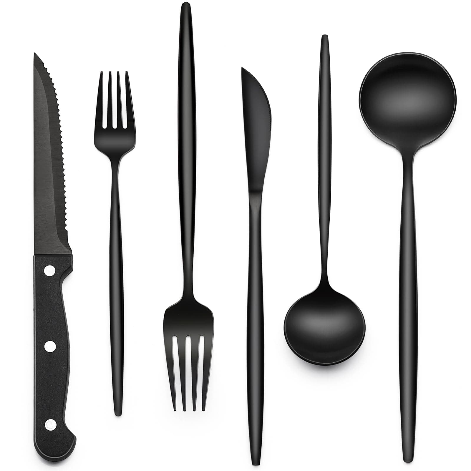EWFEN 24-Piece Black Silverware Set with Steak Knives, Black Flatware Set for 4, Food-Grade Stainless Steel Tableware Cutlery Set, Mirror Finished Utensil Sets for Home Restaurant, Long Edge
