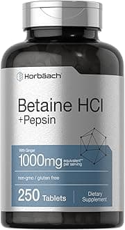 Horbäach Betaine HCl with Pepsin | 1000mg | 250 Tablets | Hydrochloride Supplement | with Ginger Root | Non-GMO, Gluten Free