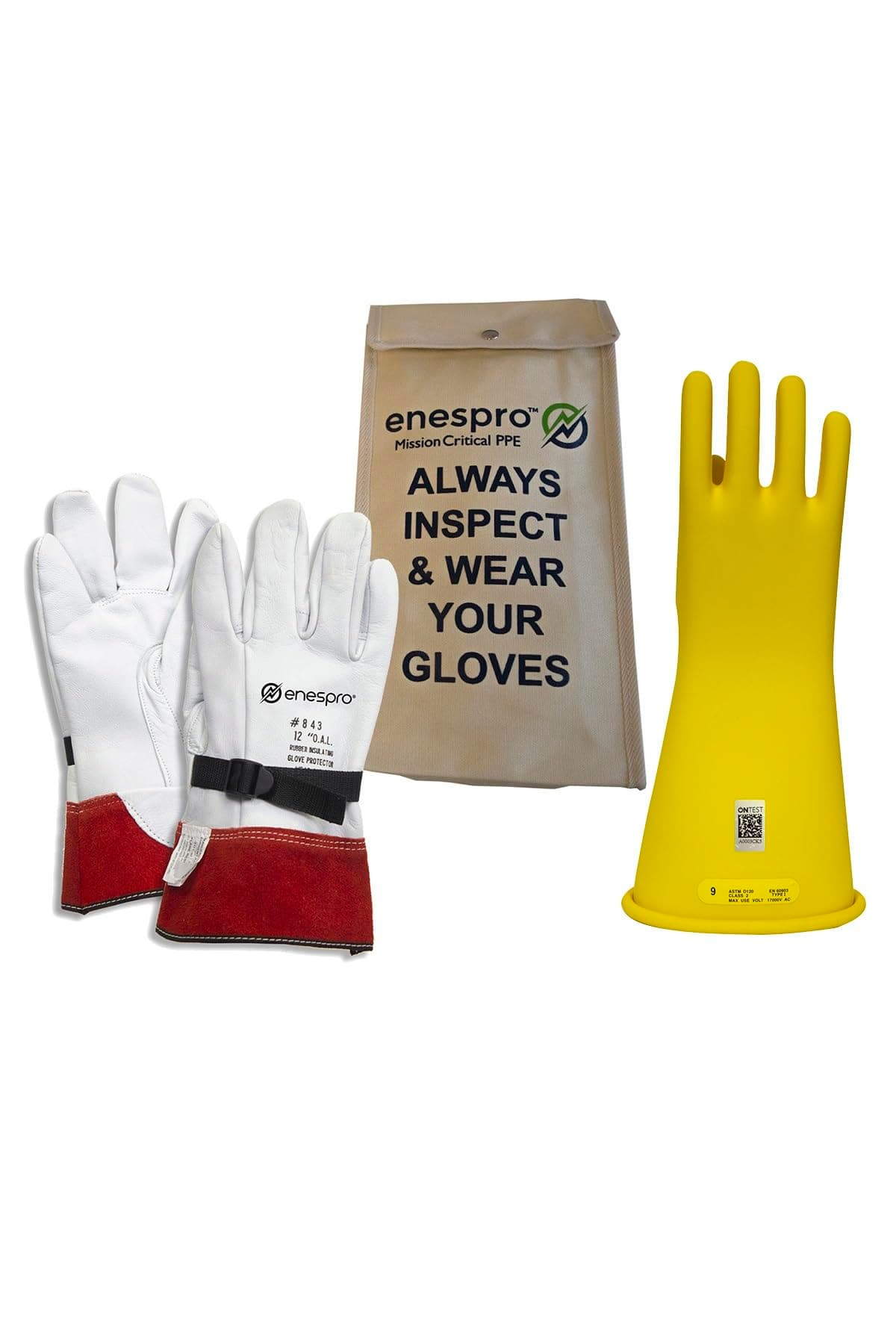 Class 2 Yellow Rubber Voltage Insulating Glove Kit with Leather Protectors, Max. Use Voltage 17,000V AC/ 25,500V DC (KITGC2Y10)