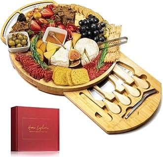 Bamboo Round Cheese & Charcuterie Board Set - 13", "Round Cheese Board With Knife for Mom