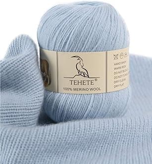 TEHETE 100% Merino Wool Yarn for Knitting and Crochet 3ply 50g 250m Soft and Luxurious - Sky Blue