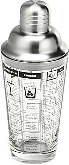 Outset Bartending Tool, Glass Cocktail Shaker With Measurements and Drink Recipes, 12oz, Stainless Steel Strainer lid