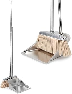 VOOWO Broom and Dustpan Set for Home, Stainless Steel Broom and Dustpan Set with Long Handle, Heavy Duty Dustpan Broom Set Standing Dust Pan Kitchen and Home Indoor Outdoor Broom