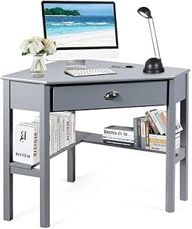 Tangkula Corner Desk, Corner Computer Desk with Drawer for Small Space, Small Corner Makeup Vanity Desk, 90 Degrees Triangle Corner Desk with Storage Shelves (Grey)