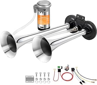 150DB Air Train Horn kit for Car, Banhao Super Loud Twin Tone Chrome Plated Zinc Dual Trumpet with Compressor for Any 12V Trucks Lorrys Trains Vans Boats (Chrome)