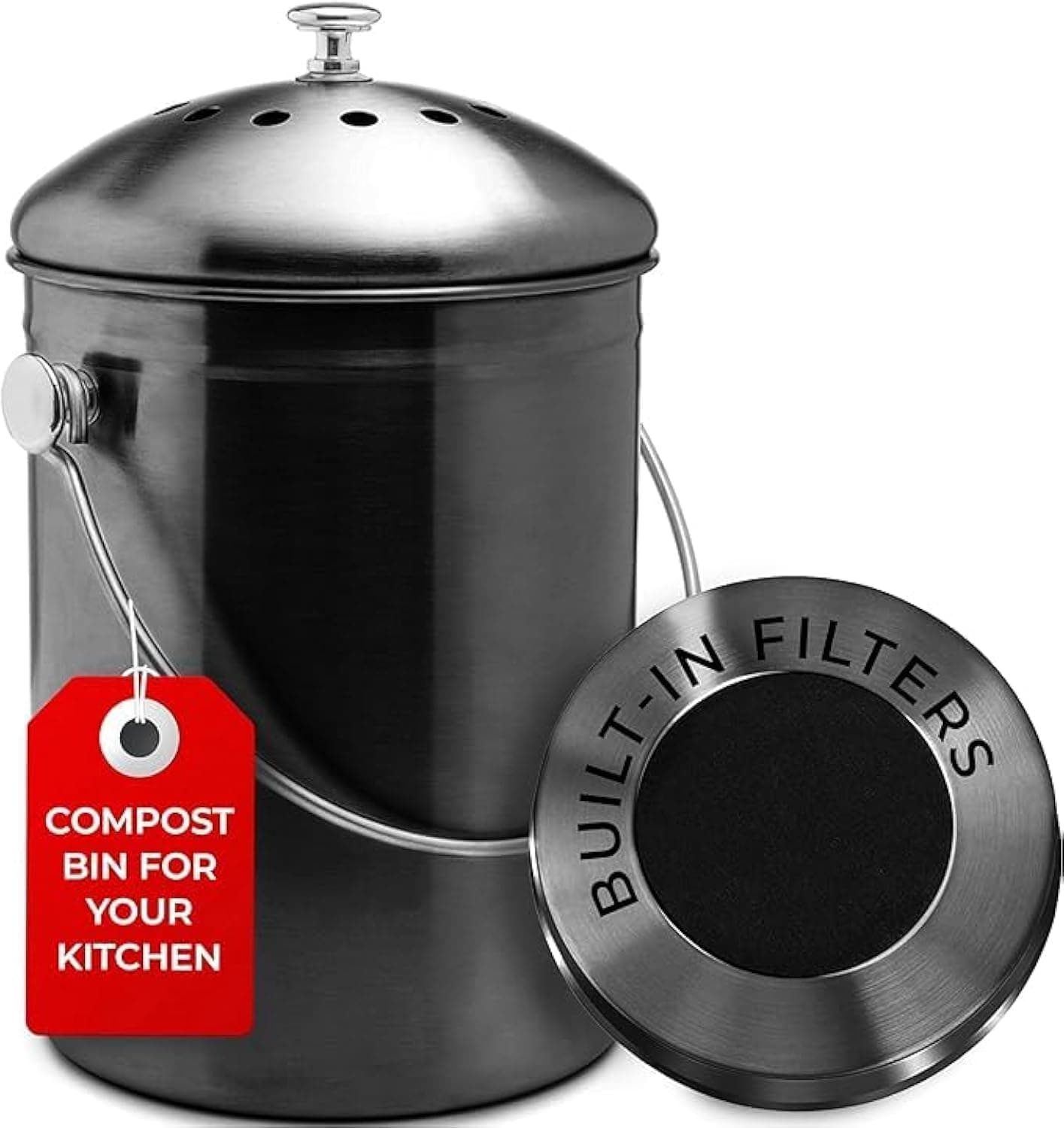 Countertop Compost Bin Kitchen | 1.3 Gallon | Odorless Composting Bin with Carbon Filters | Indoor Compost Bin with Lid | Stainless Steel Kitchen Composter for Food Scraps & Waste Recycling