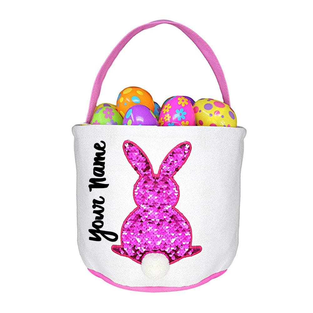 Personalized Pink Easter Basket with Reversible Sequins Bunny Rabbit with Fuzzy Tail Custom Egg Hunt Tote Bag - Your Choice of Free Name