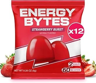 Energy BytesCaffeine Gummies | Instant Energy Chews for Running, Cycling and Sports Performance | Vegan, Low Sugar | Strawberry Burst (12-Pack)