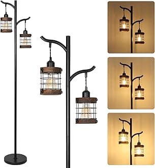 Dimmable Black Floor Lamp for Bedroom, 2-Light Industrial Standing Lamps for Living Room, Farmhouse Tall Lamp with Foot Switch, Vintage Tree Foor Lamp, Rustic Corner Floor Reading Lamp for Office