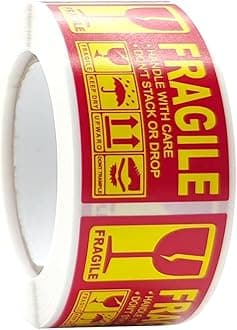 250-Pack Fragile Glass Stickers for Shipping - Handle with Care, Bold Red and Yellow - Shipping Moving Labels, Mailing Supplies Fragile Warning Stickers - Protect Your Packages with Care