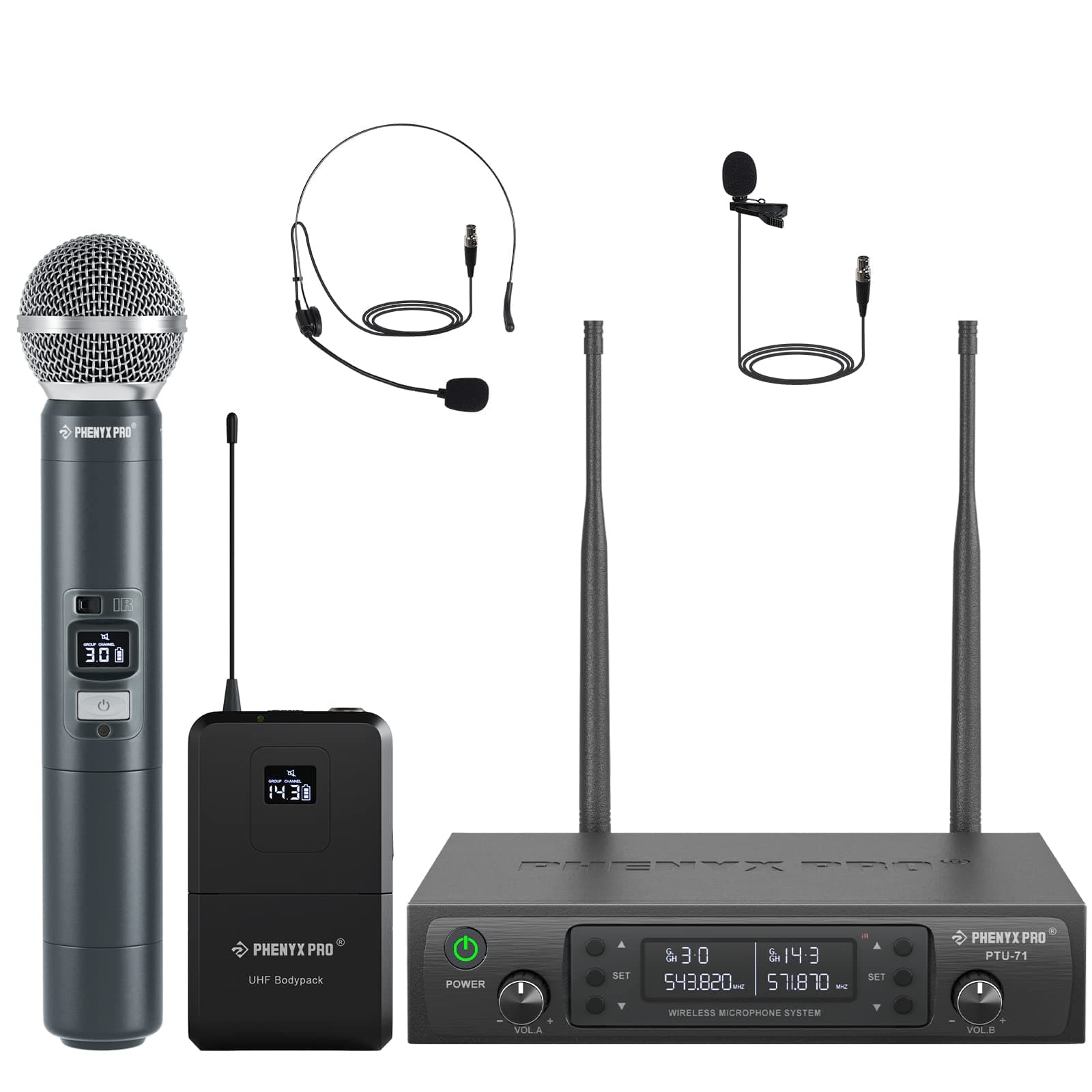UHF Wireless Microphone System, Cordless Handheld/Bodypack/Lapel/Headset Mic Set, Multichannel,Professional Long Distance Performance, Ideal for Presentation, PA, Church (PTU-71-New)