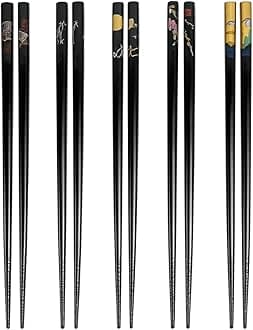 JapanBargain, 5-Pair Black Bamboo Chopsticks Set with Traditional Japanese Crane Moon Sakura Design, Reusable Wooden Chop Sticks, Dishwasher Safe, 9 Inch, Japanese Chinese Korean Style