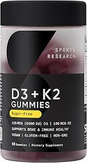 Sports Research® Vegan Vitamin D3 + K2 Sugar-Free Gummies - 125mcg (5000iu) Vitamin D w/ 100mcg Mk7 Vitamin K - Supports Bone & Immune Health* - Vegan Certified · Non-GMO · Soy Free - 60 Count