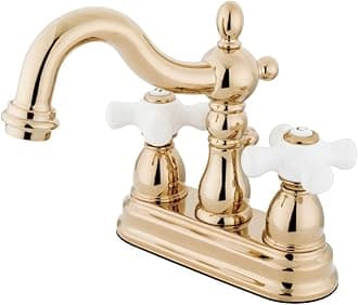 Kingston Brass KB1602PX Heritage 4-Inch Centerset Lavatory Faucet with Porcelain Cross Handle, Polished Brass