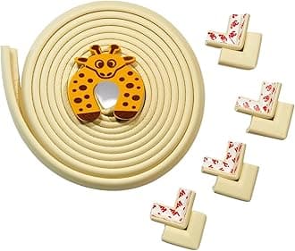 BabySafeHouse Edge Guard and Corner Protector – Extra Long 19ft (16.5ft Edge + 8 Pre-Taped Corner Guards) and Giraffe Shape Door Stopper (Beige Color) for Baby Proofing & Child Safety