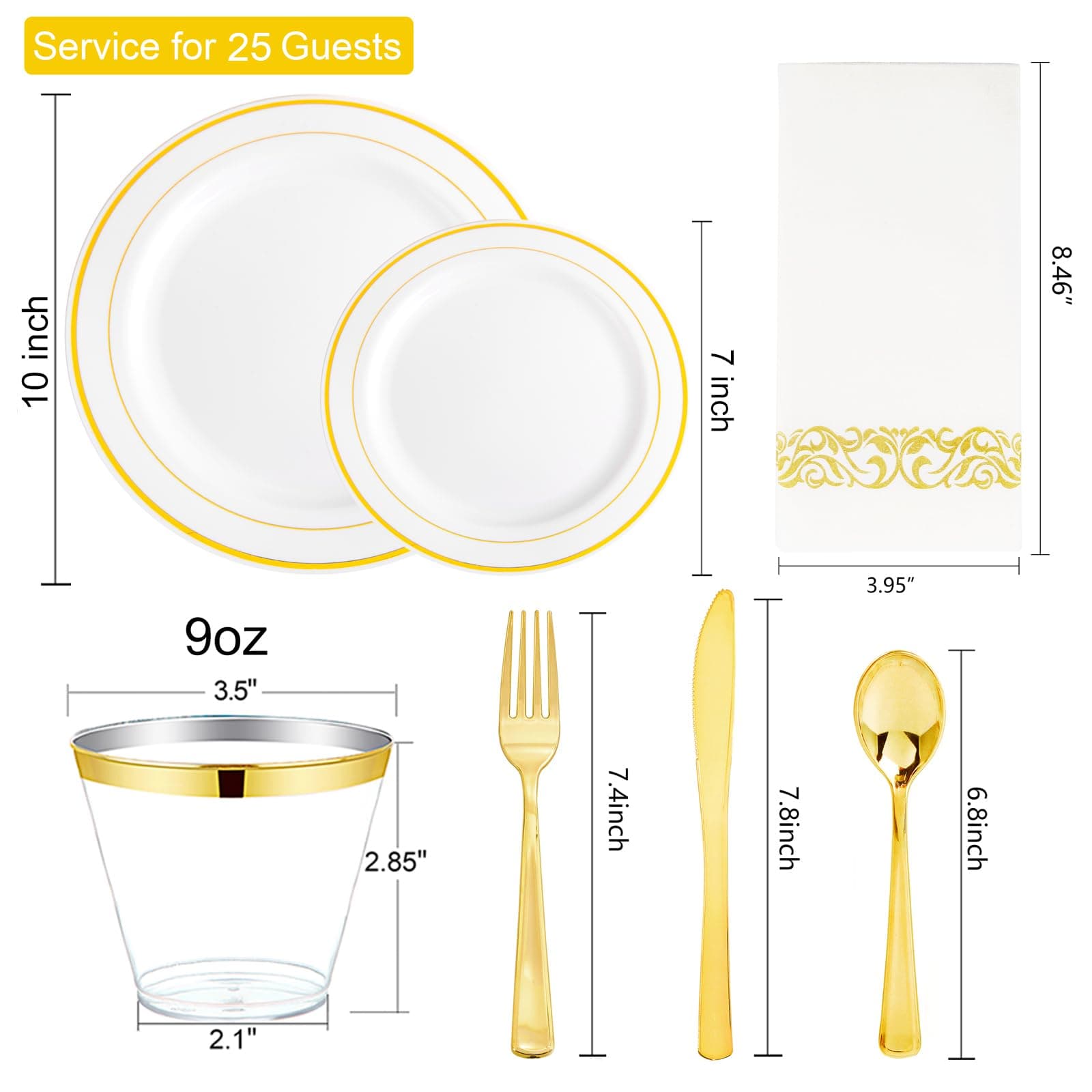 175 Pcs Gold Dinnerware Set, Plastic Plates Disposable for 25 Guests Include:25 Gold Rim Dinner Plates, 25 Gold Dessert Plates, 25 Paper Napkins, 25 Cups, 25 Gold Silverware Set Perfect for Party