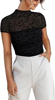 REORIAWomen's Sexy Mock Turtle Neck Short Sleeve Shirts Sheer Mesh Ruched Trendy Going Out Bodysuits Tops