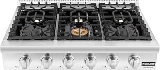 GASLAND 36 Inch Gas Cooktop 6 Burners, Pro RT3606 Professional Natural Gas Rangetop, Slide-in Natural Gas Stovetop with Blue Indicator Lights, Re-ignition, 120V Plug-in