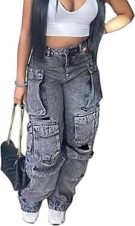 Women's Baggy Cargo Jean High Waisted Y2K Distressed Wide Leg Denim Pants with Multi Pockets Streetwear