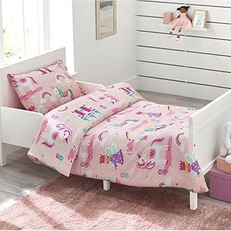 Bloomsbury Mill - Children's Bed Linen 120 x 150 cm Unicorn, Princess and Rainbows for Children - Baby Bed Linen Girls - Pink & Purple Reversible Bedding and Pillowcase Set for Toddlers & Baby Cots