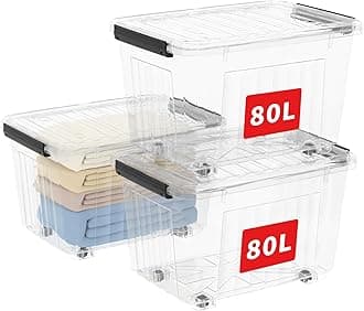 Cetomo 80L*3 Plastic Storage Boxes with Wheels, Lidded Storage Box with Secure Side Latches, PP Nestable and Stackable Clear Organizer for Home, Office, Moving, Transparent, 80L-3 Pack