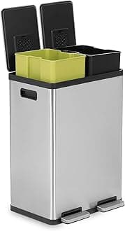 60 Liter / 16 Gallon Rectangular Hands-Free Dual Compartment Recycling Kitchen Step Trash Can with Soft-Close Single Lid, Stainless Steel (30L x 30L Capacity)