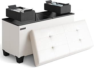 Storage Ottoman Bench with Bins, 30-in Storage Bench for Bedroom End of Bed, Folding Foot Rest Ottoman for Living Room Max 660lbs, Faux Leather Ottomans, Cream