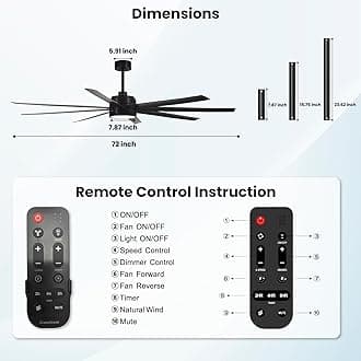 Modern Ceiling Fans with Lights, 72 Inch Ceiling Fan with Light and Remote Control, Bedroom, Living Room, Library, Cafe, Outdoor/Industrial Area, Dimmable in 3 Circ