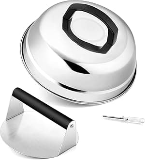 9In Melting Dome & 5.5In Burger Press, HaSteeL Stainless Steel Small Basting Cover with Round Bacon Press, Metal Griddle Accessories Set for Flat Top Teppanyaki Hibachi Grilling Cooking Steaming BBQ
