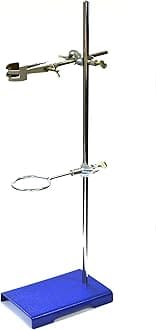 - 10PK Chemical Resistant Steel Lab Stand Set - Support Stand (8" x 5"), 12mm Dia. Rod (23.6" L), Cork Lined Burette Clamp with Boss Head and Retort Ring (2.5" Dia)