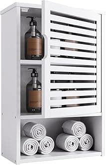 HITNET White Bathroom Wall Cabinet, Bamboo Medicine Cabinet, Single Door Hanging Storage Cupboard with Adjustable Shelf